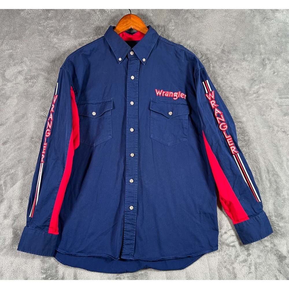 Wrangler Western Shirt Mens Large Blue Spellout Bull Riding Cowboy Rodeo Vintage